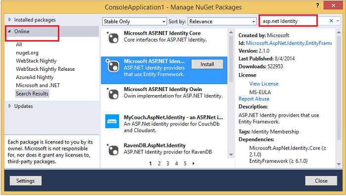 Снимок экрана: установка пакетов Nuget в Обозреватель решений.