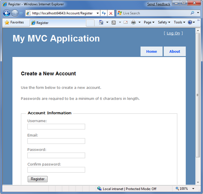Снимок экрана: страница приложения My M V C. Показано создание новой учетной записи.