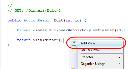 Снимок экрана: создание шаблона представления для добавления представления в Visual Studio.