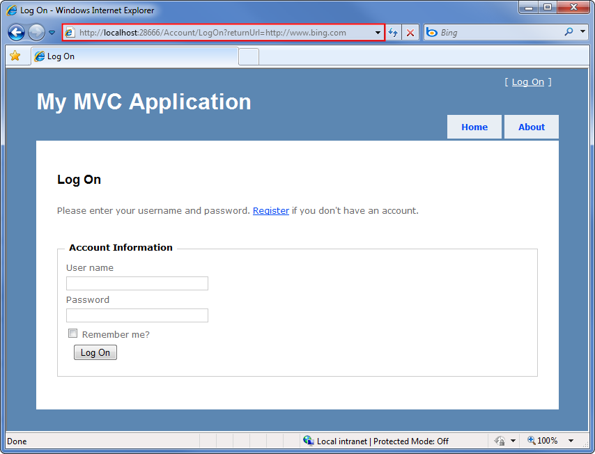 Снимок экрана: страница входа в приложение My M V C. Строка заголовка выделена и заполнена внешним возвращаемым url-адресом.