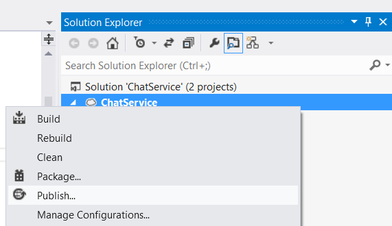 Снимок экрана: Обозреватель решений. Выберите Опубликовать в контекстном меню Службы чата.