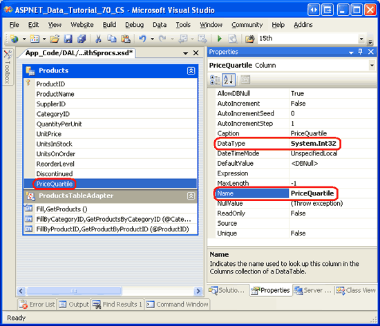 Задание свойств Name и DataType нового столбца