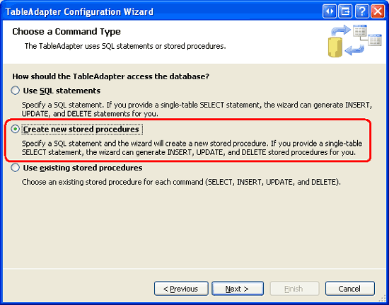 Указание мастеру TableAdapter создать хранимую процедуру для нас