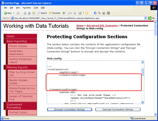 Снимок экрана: страница EncryptingConfigSections.aspx, загруженная в веб-браузере.