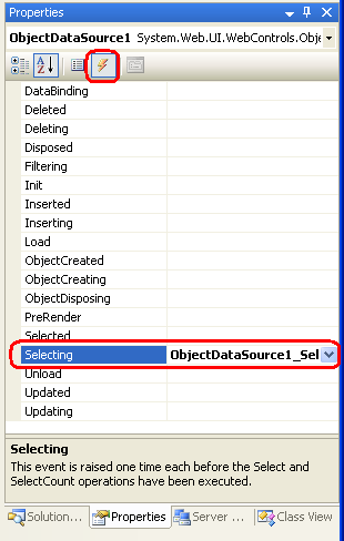 Щелкните значок Молнии в окне свойств, чтобы получить список событий веб-элемента управления.