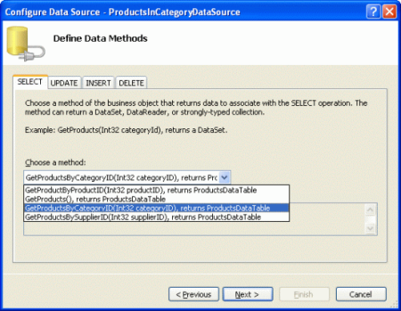 Вызов объекта ObjectDataSource метод GetProductsByCategoryID(categoryID)