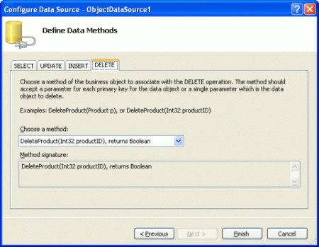 Сопоставление метода ObjectDataSource Delete() с методом ProductBLL класса DeleteProduct