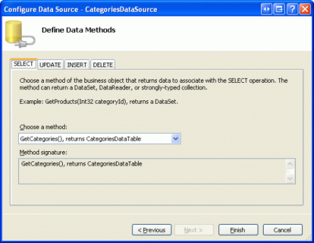 Привязка ObjectDataSource к методу GetCategoriesBLL метода GetCategories()