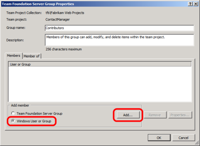В диалоговом окне Свойства группы Team Foundation Server выберите Пользователь или группа Windows, а затем нажмите кнопку Добавить.