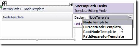 Снимок экрана: меню режима редактирования шаблона SiteMapControl. Элемент NodeTemplate выделен.