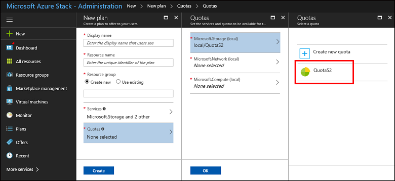 Назначение квоты для нового плана в Azure Stack Hub