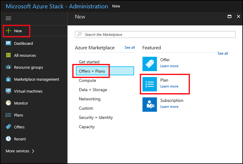 Выбор плана на портале администрирования Azure Stack Hub