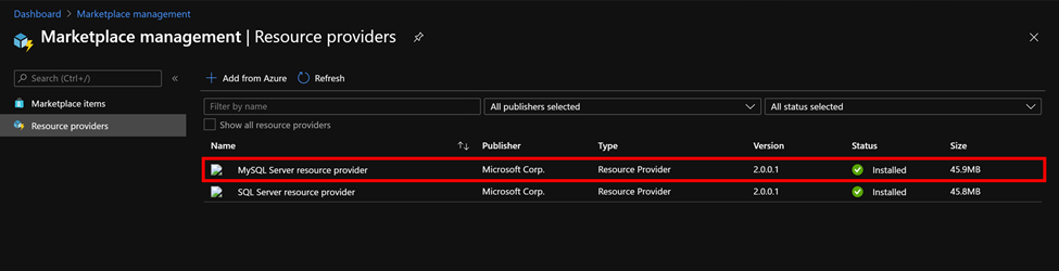 Снимок экрана: установленная поставщик ресурсов управления Marketplace.
