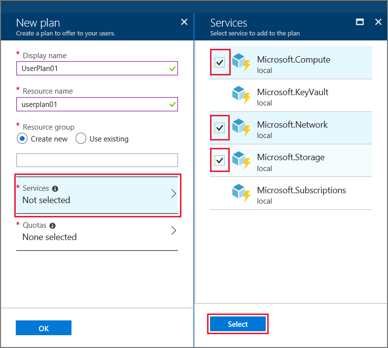 Службы плана на портале администрирования Azure Stack Hub