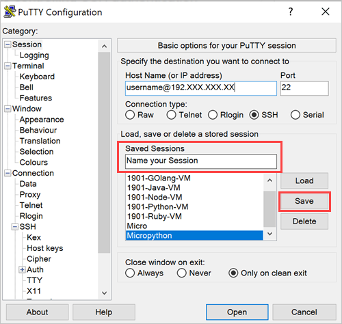 Окно настроек PuTTY — поле раздела Saved Sessions (Сохраненные сеансы)