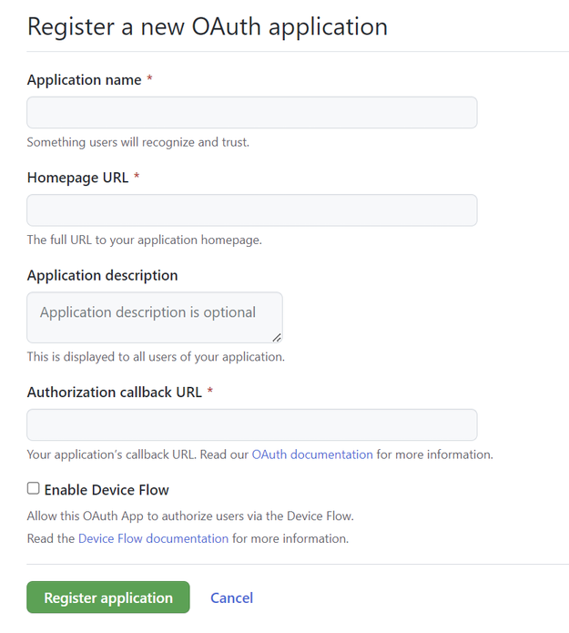 Снимок экрана: регистрация нового приложения OAuth на GitHub.