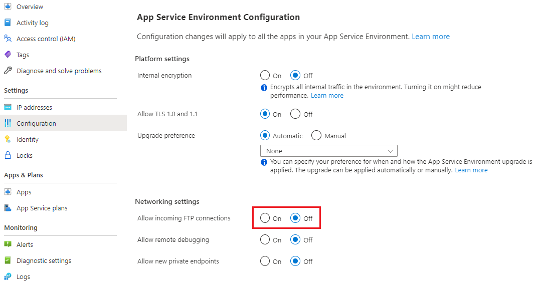 Снимок экрана: портал Azure и настройка Среды службы приложений Azure для разрешения входящих FTP-подключений.