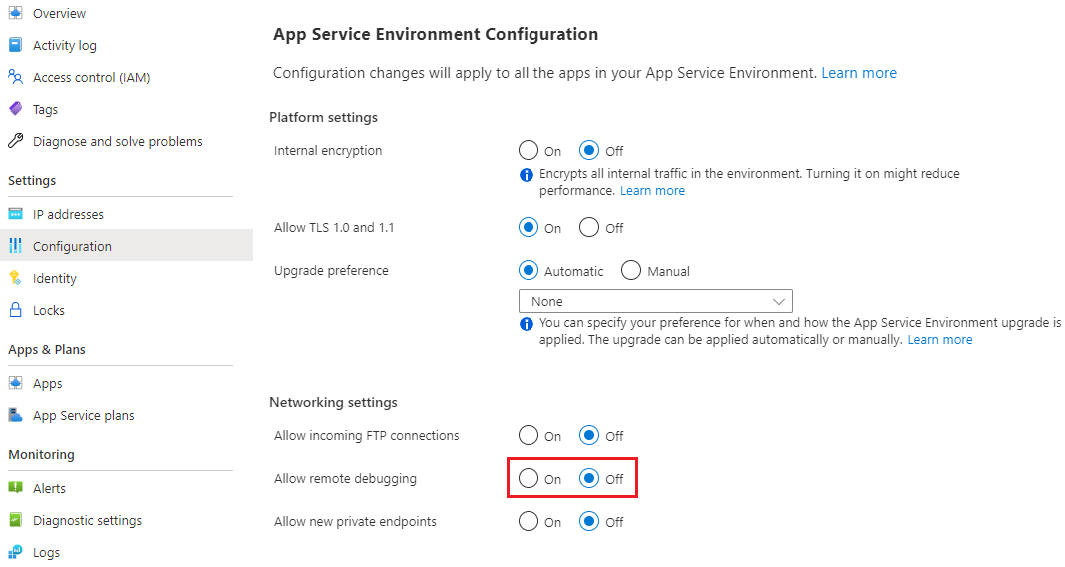 Снимок экрана: портал Azure и настройка Среды службы приложений Azure для разрешения удаленной отладки.