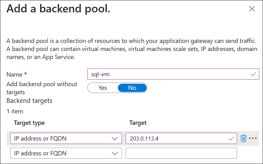 Screenshot displaying backend pool creation.