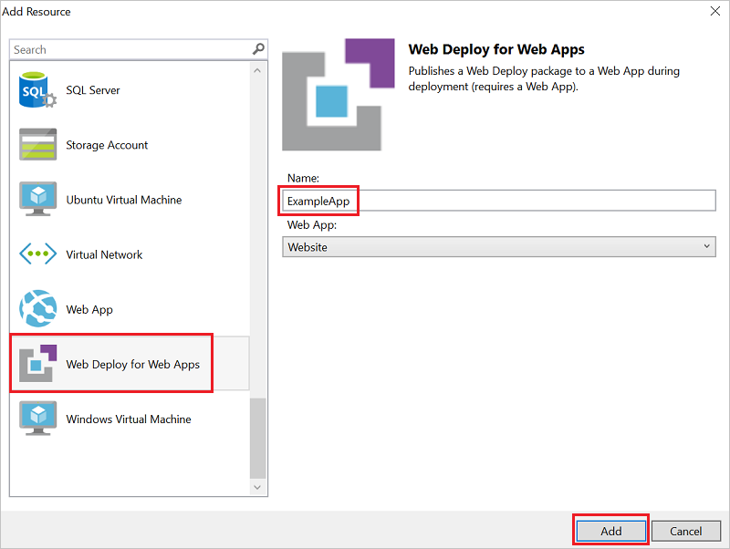 Снимок экрана: окно добавления нового ресурса с выбранным веб-развертыванием для веб-приложения.