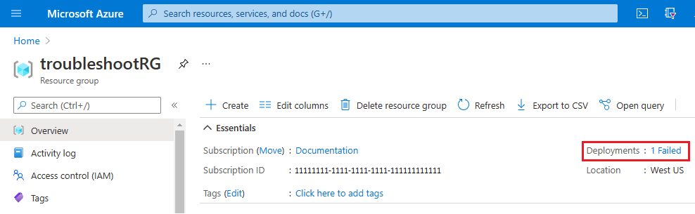 Снимок экрана: страница обзора группы ресурсов Azure с ошибкой развертывания с красным восклицательным значком в разделе журнала развертывания.