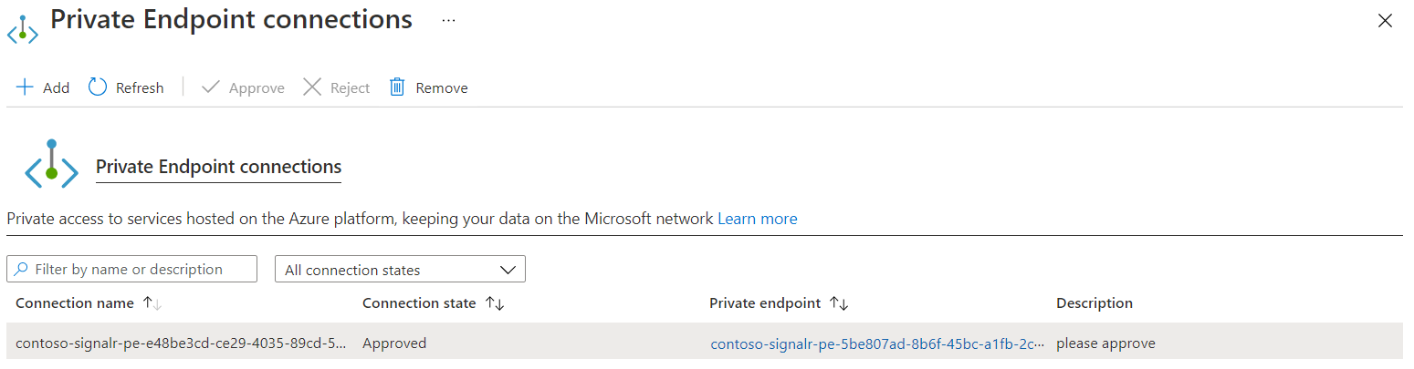 Screenshot of the Azure portal, showing an Approved status on the Private endpoint connections pane.