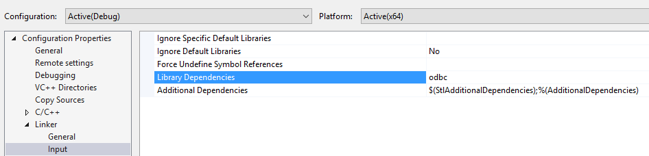 Добавление ODBC в качестве входной библиотеки