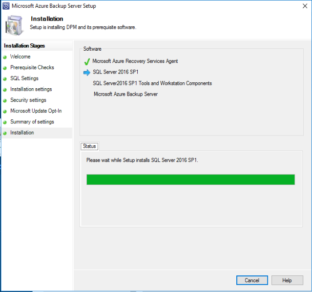 Программа установки устанавливает SQL и Azure Backup Server