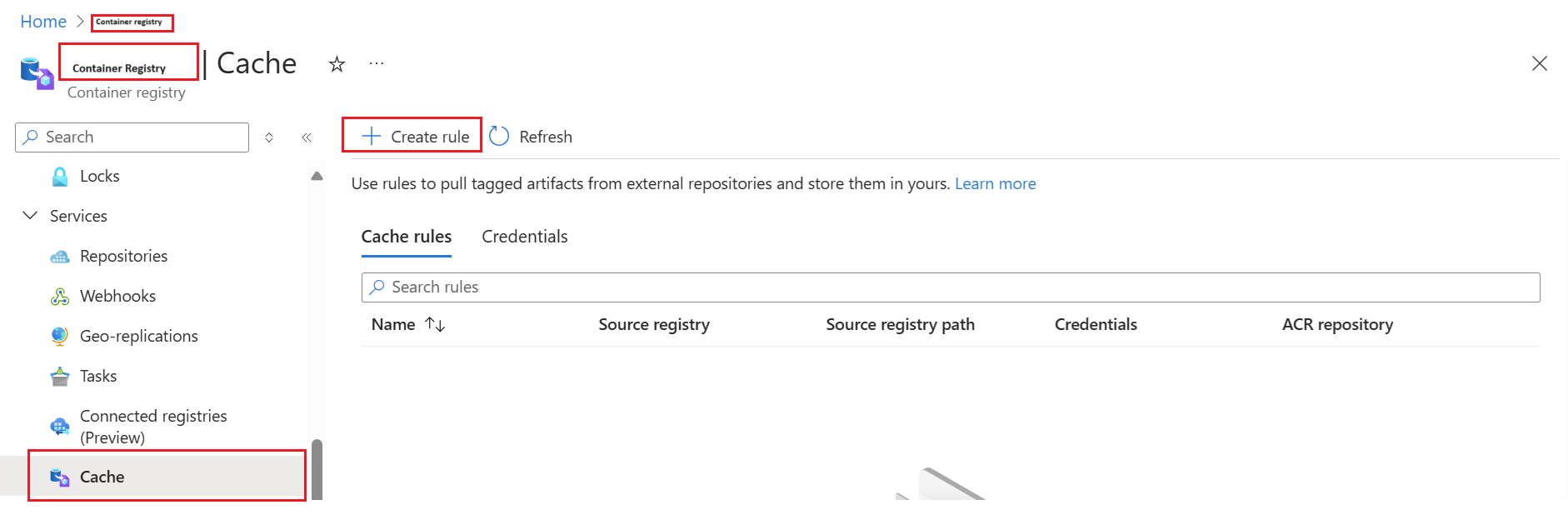 Screenshot showing the Create rule command for a container registry in the Azure portal.