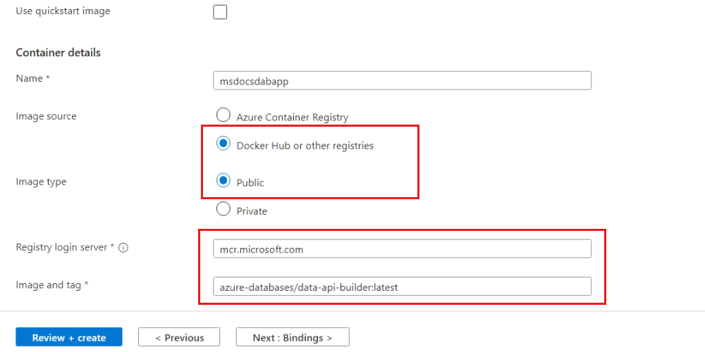 Screenshot of the 'Create Container App' page's 'Container' tab in the Azure portal.