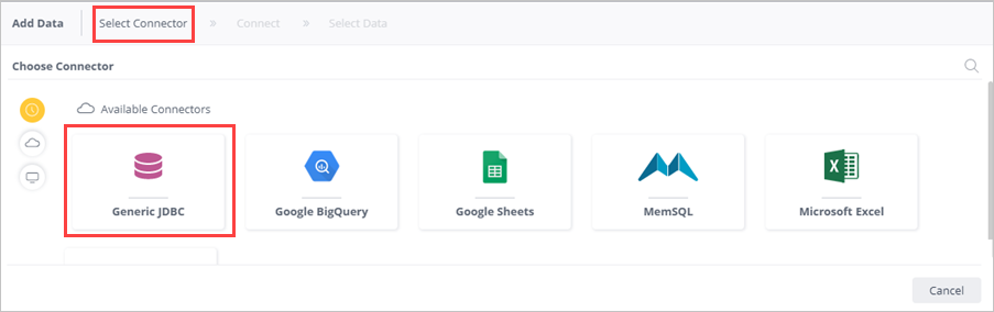 Выберите соединитель JDBC.