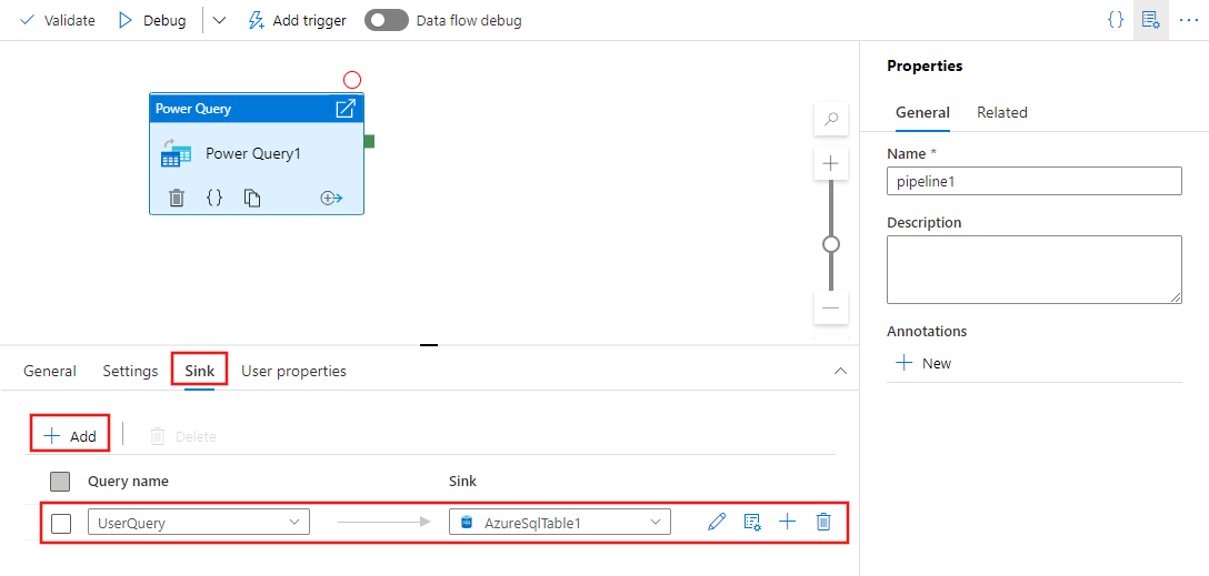 Shows the Sink tab of the Power Query activity.