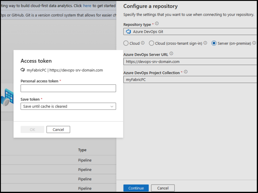 Снимок экрана: ADO configure access token.