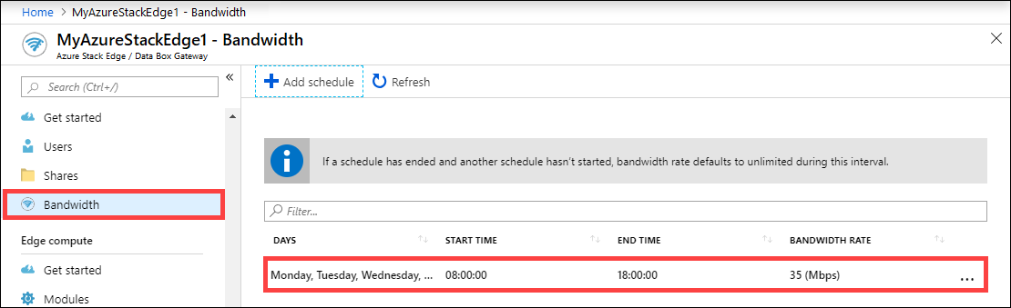 Updated list of bandwidth schedules