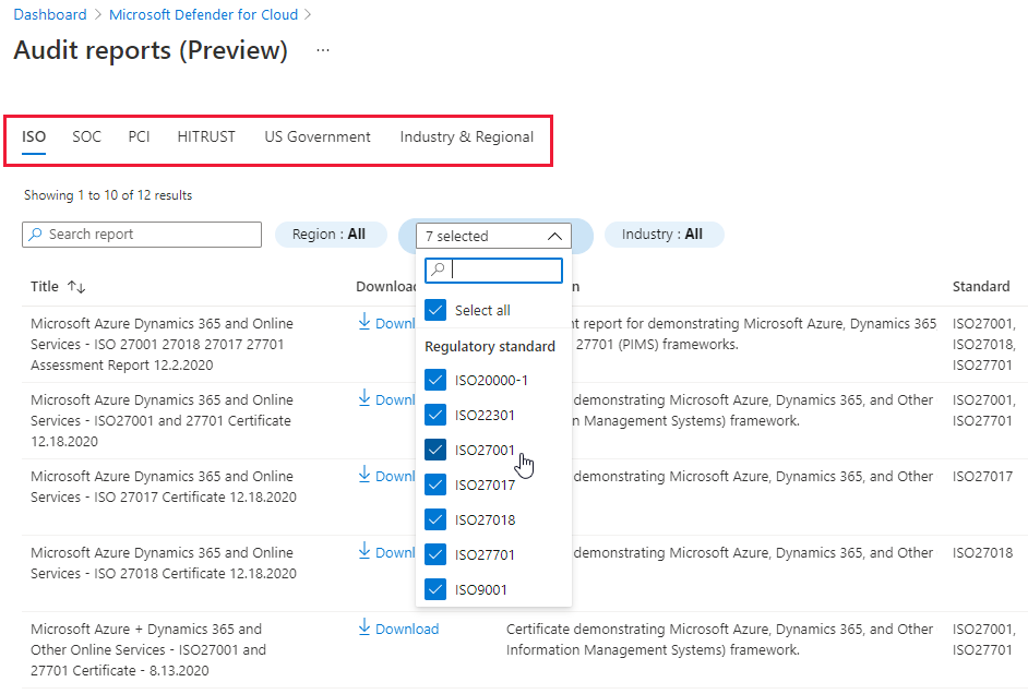 Фильтрация списка доступных отчетов об аудите Azure.