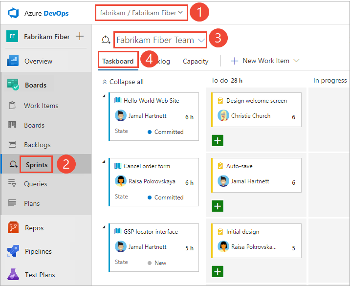 Снимок экрана, на котором показано, как открыть спринт taskboard для команды Azure DevOps 2019.