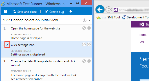 Снимок экрана: выбор значка редактирования для изменения шагов тестирования.