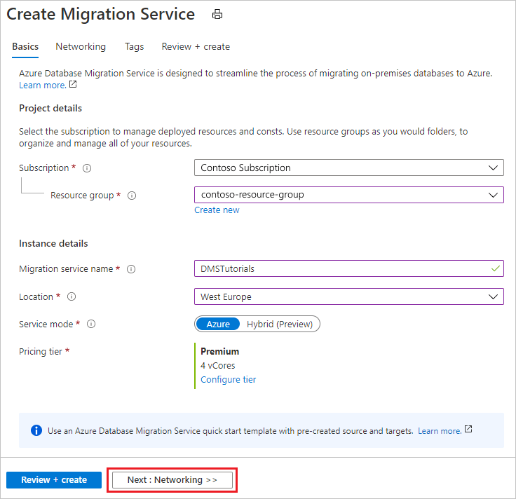 Снимок экрана: настройка основных параметров экземпляра Azure Database Migration Service.