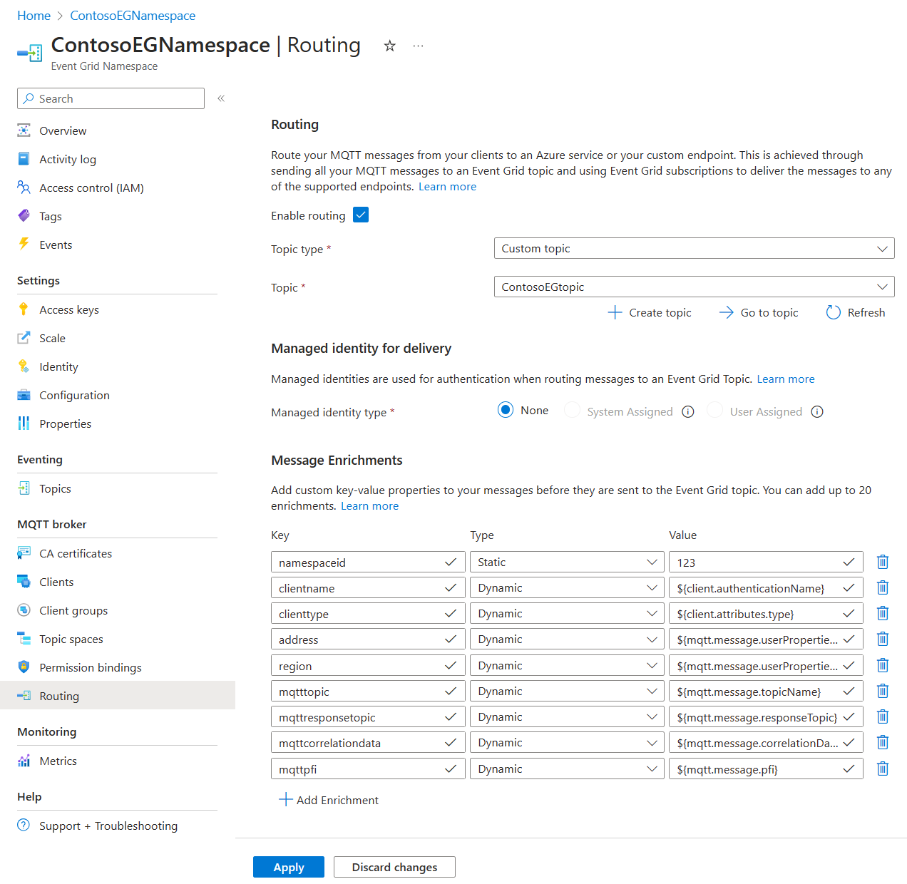 Screenshot showing the routing enrichment configuration through the portal.