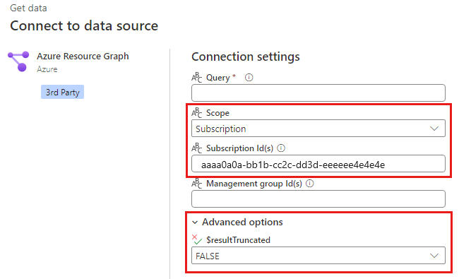 Снимок экрана: диалоговое окно служба Power BI Azure Resource Graph для запроса с помощью необязательных параметров для область, идентификатора подписки и $resultTruncated.