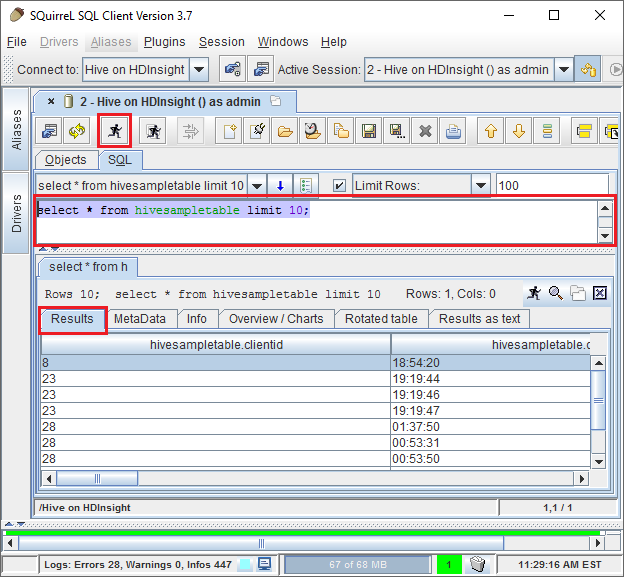 Диалоговое окно sql query, включая результаты.