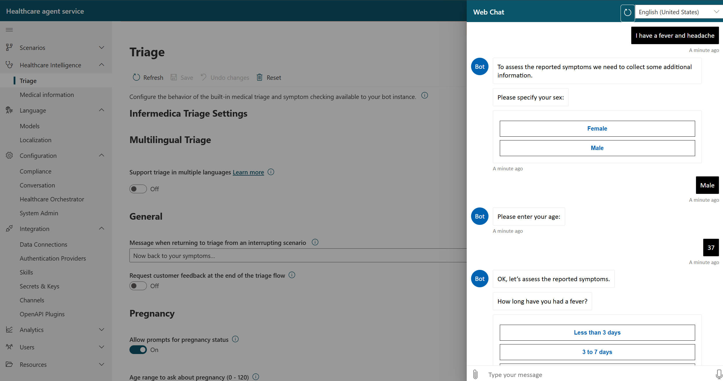 Screenshot of the Infermedica triage in the management portal webchat