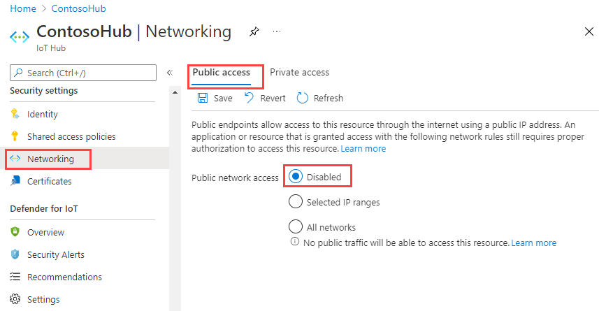 Снимок экрана: отключение доступа к общедоступной сети на портале Azure
