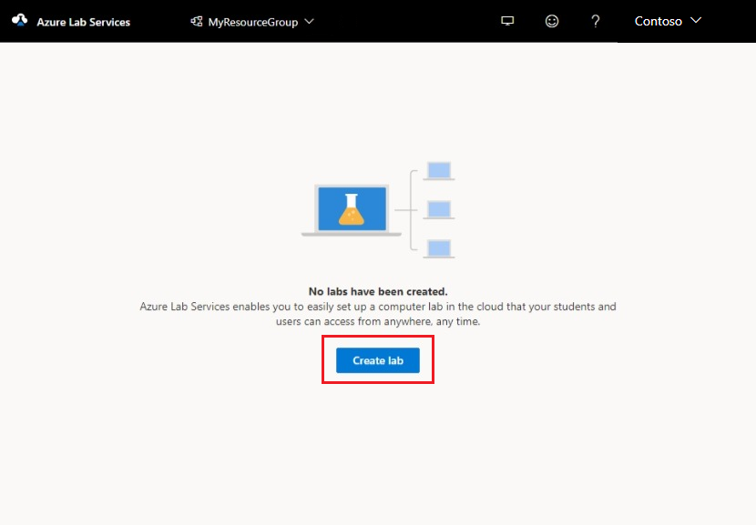 Снимок экрана: портал Служб лабораторий Azure. Кнопка создания лаборатории выделена.