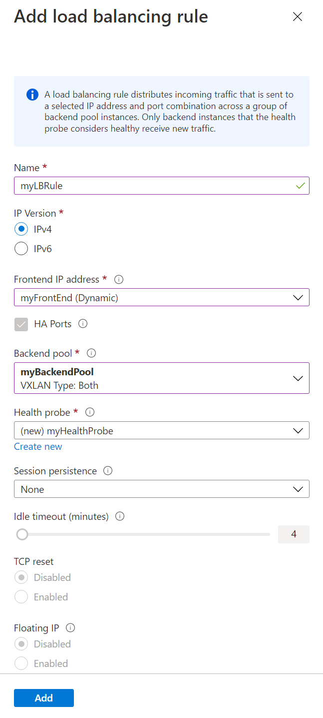 Screenshot of create load-balancing rule.