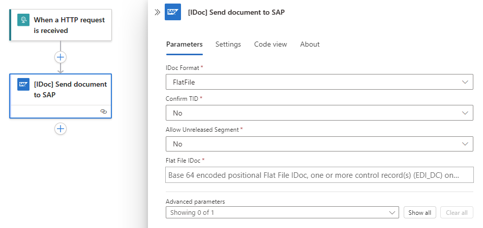 Снимок экрана: стандартный рабочий процесс со встроенным действием SAP с именем IDoc Send document to SAP.