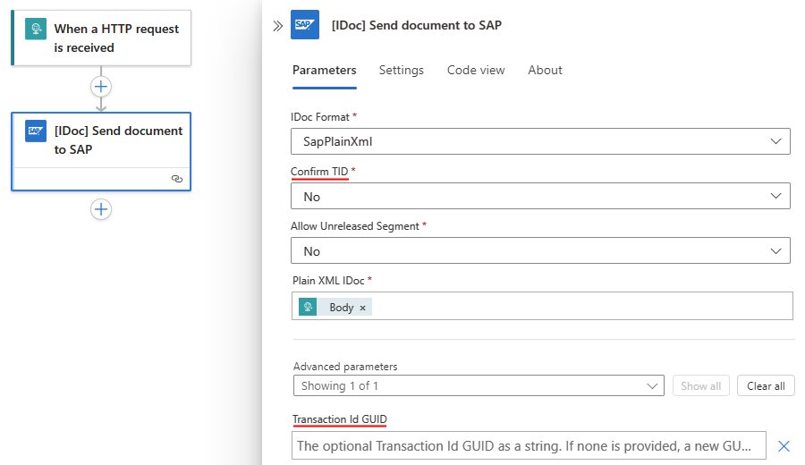 Снимок экрана: стандартный рабочий процесс с действием с именем IDoc Send document to SAP.