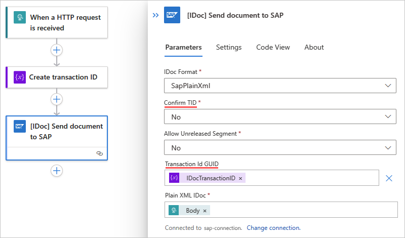 Снимок экрана: стандартный рабочий процесс с действием с именем IDoc Send document to SAP.