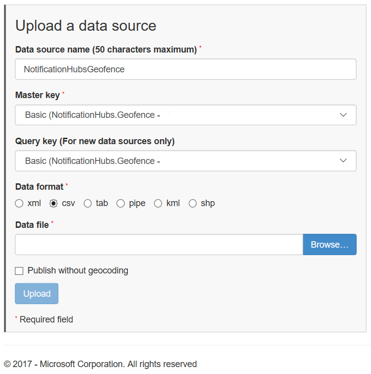 Снимок экрана диалогового окна Upload a data source (Отправка источника данных).