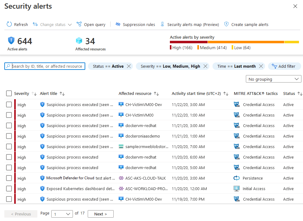 Список оповещений системы безопасности в Microsoft Defender для облака